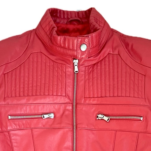 Red Leather Moto Jacket, Oscar Leopold, Quilted Lining, Women’s Sz Large - Picture 4 of 8